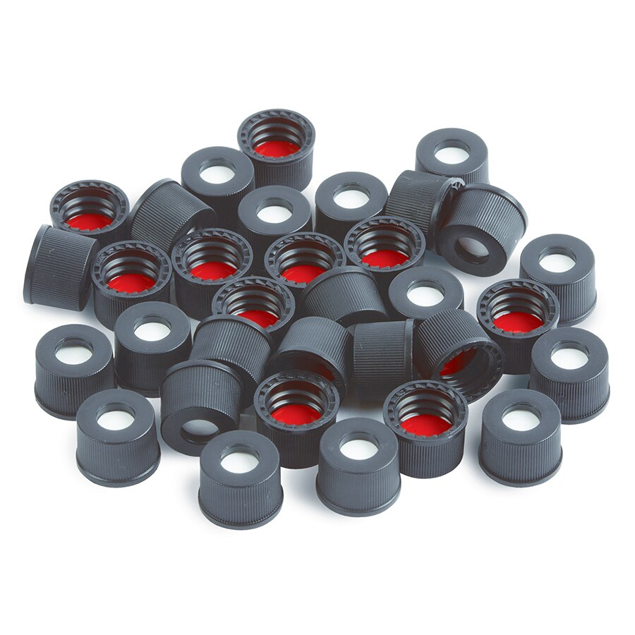 Screw-Thread Caps and Red PTFE/Silicone Septa, 0.065", Preassembled, 2.0 mL, 8 mm, 100-pk.