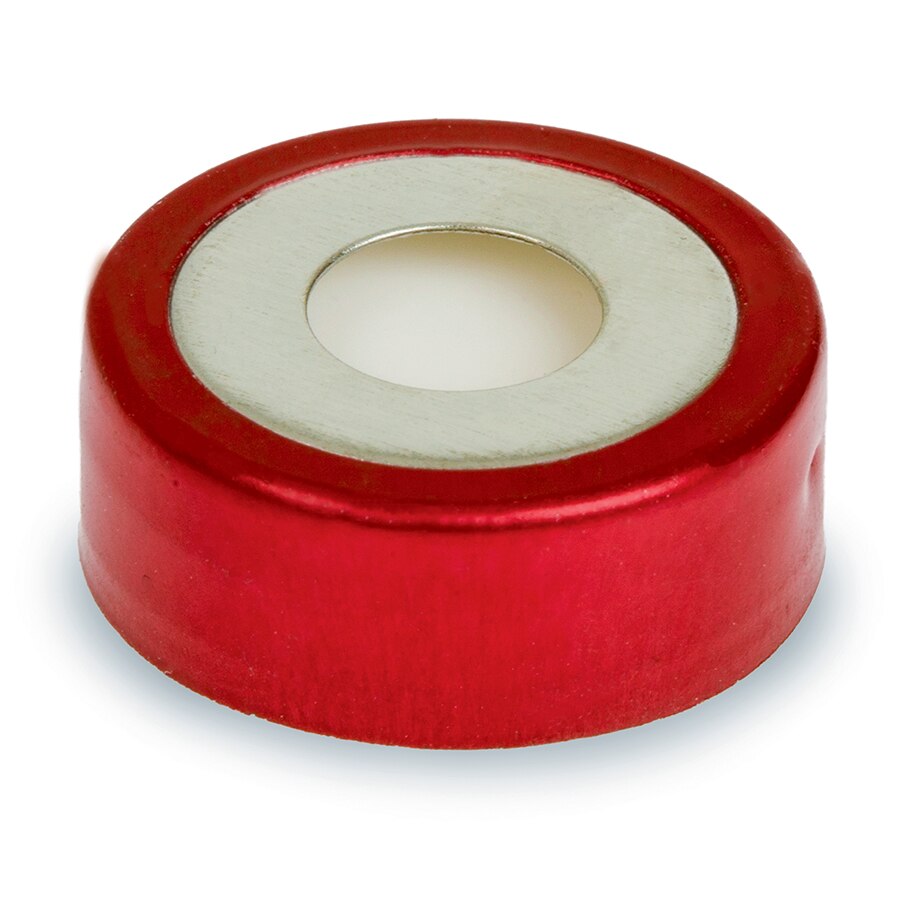 Bi-Metal Magnetic Crimp-Top Caps withPTFE/Silicone Septa, 20 mm w/8 mm Hole, Red/Silver, Preassembled, 1000-pk.