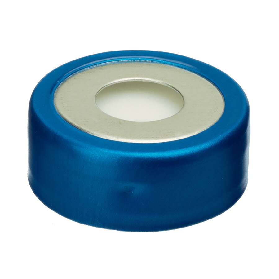 Bi-Metal Magnetic Crimp-Top Caps with PTFE/Silicone Septa, 20 mm w/8 mm Hole, Blue/Silver, Preassembled, 100-pk.