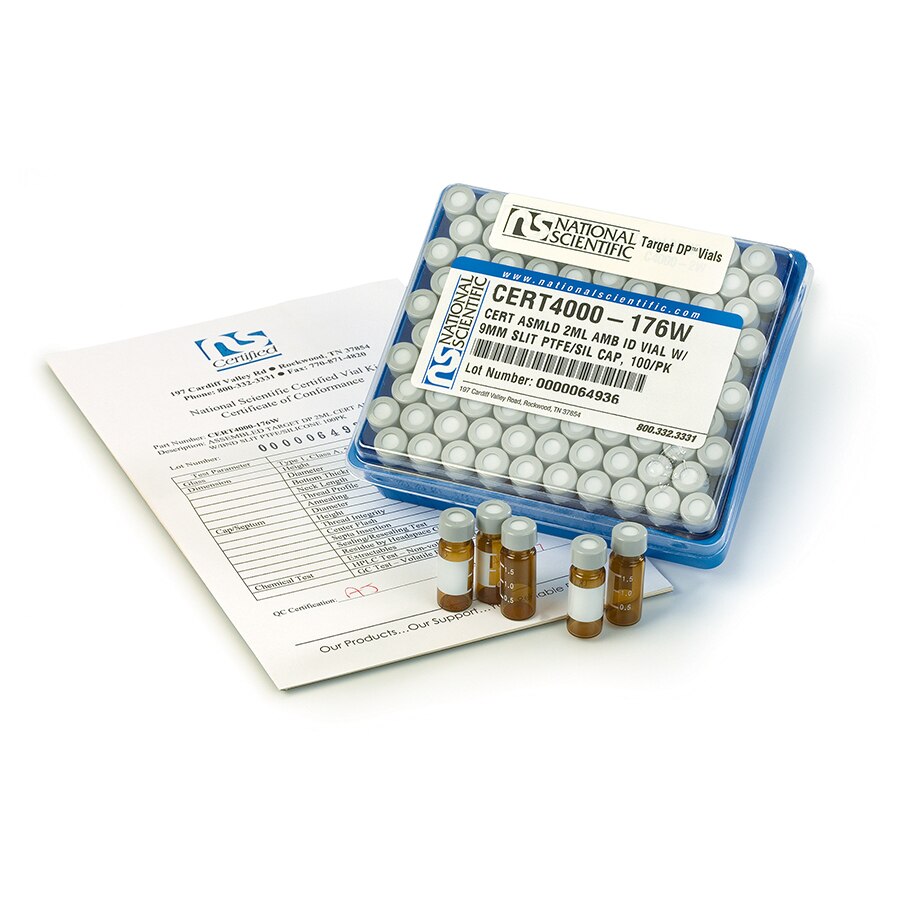 Certified Autosampler Screw-Thread Vial Kit, Bonded PTFE/Silicone Slit Septa, Amber w/Marking Spot, w/Cap, Assembled 2.0 mL, 100-pk.