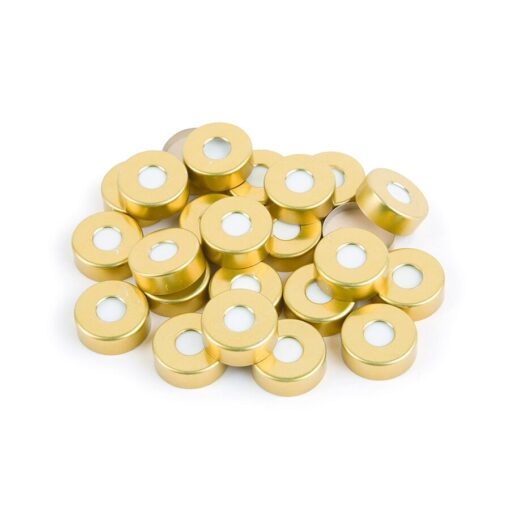 Magnetic Crimp-Top Caps with PTFE/Silicone Septa, 20 mm w/ 8 mm Hole,  Gold, Preassembled, 100-pk.