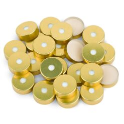 Magnetic Crimp-Top Caps with /PTFE/Silicone Septa, 20 mm w/ 5 mm Hole, Gold, Preassembled, 100-pk.