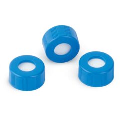 Short Screw Caps, Polypropylene, Ribbed, Screw-Thread, PTFE/Silicone Lined for Agilent 7693A, Blue, Preassembled, 2.0 mL, 9mm, 100-pk.