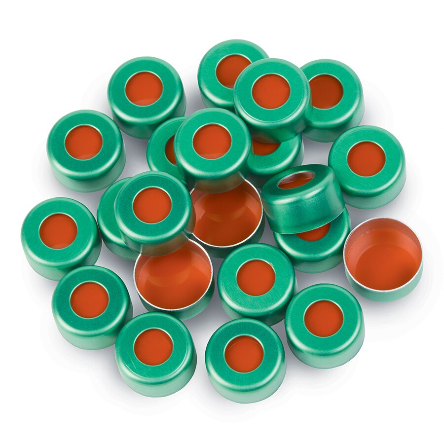 Aluminum Crimp-Top Seals with PTFE/Red Rubber Septa, Green, 2.0 mL, 11 mm, 100-pk.
