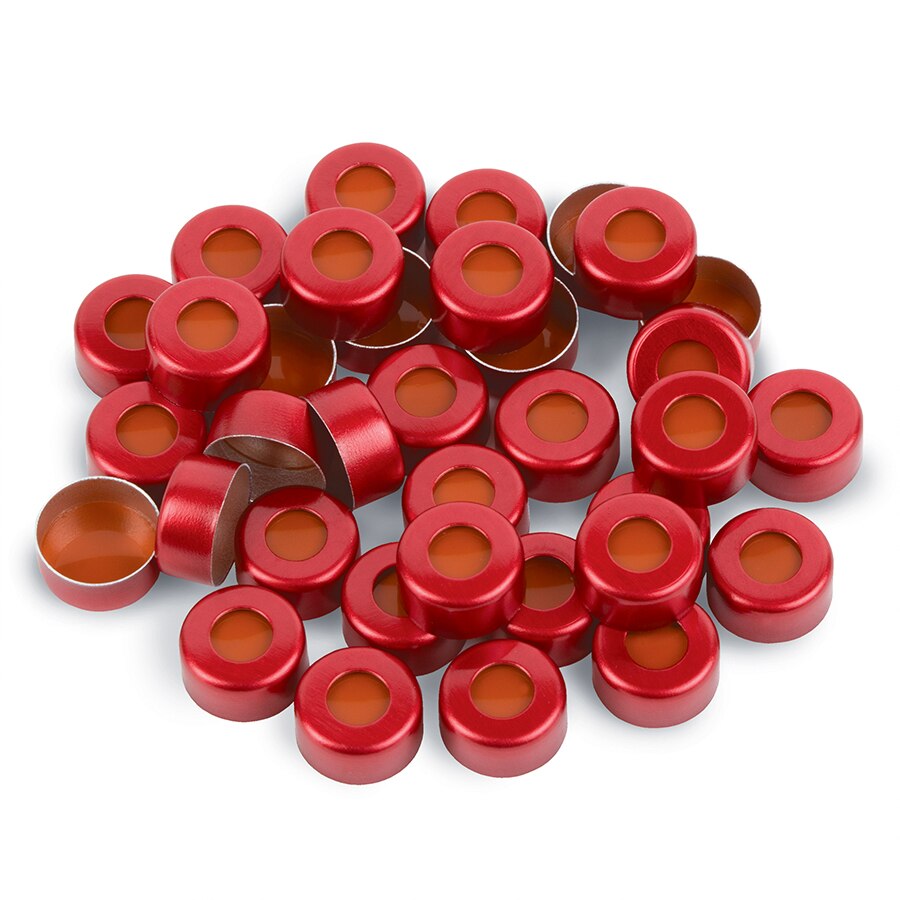 Aluminum Crimp-Top Seals with PTFE/Red Rubber Septa, Red, 2.0 mL, 11 mm, 100-pk.