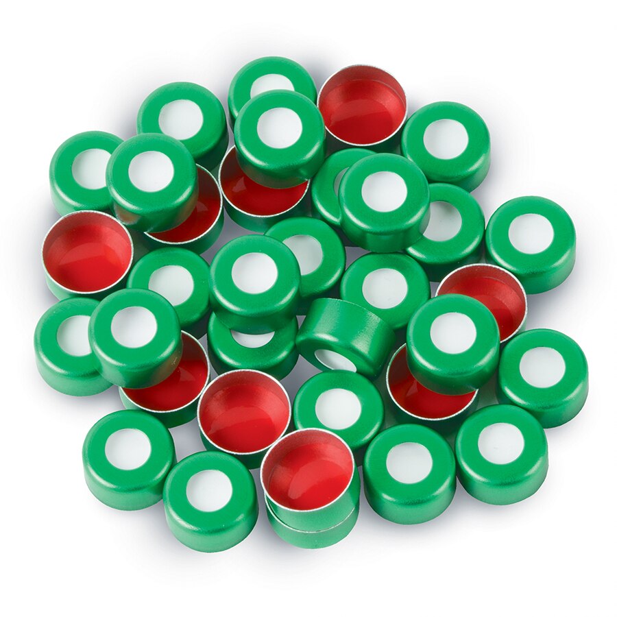 Aluminum Crimp-Top Seals with PTFE/Silicone Septa, Green, 2.0 mL, 11 mm, 100-pk.