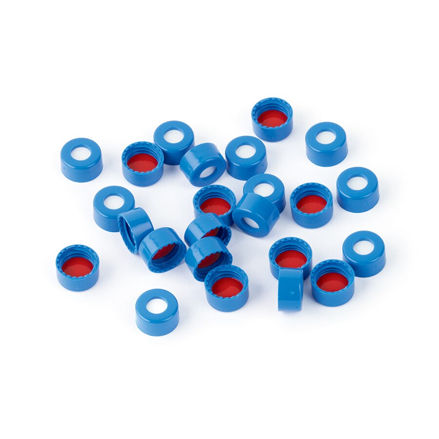 Short Screw Caps, Polypropylene, Screw-Thread, PTFE/Silicone Septa, Blue, Preassembled, 2.0 mL, 9 mm, 100-pk.