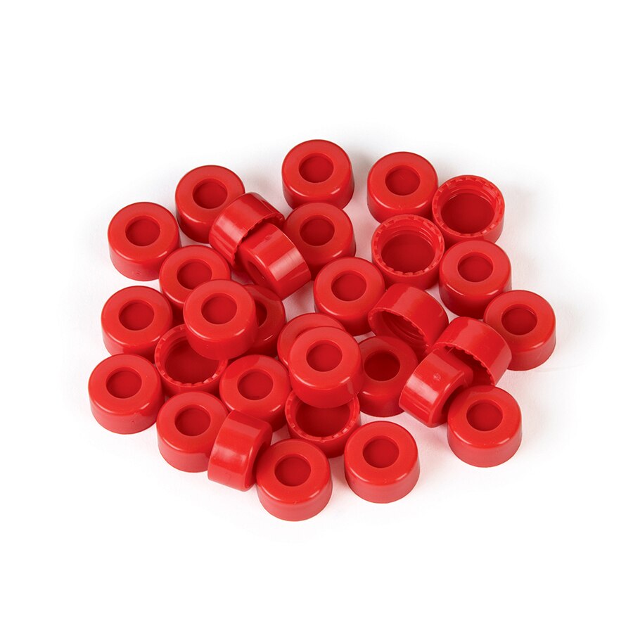 Short Screw Caps, Polypropylene, Screw-Thread, PTFE/Silicone/PTFE Septa, Red, Preassembled, 2.0 mL, 9 mm, 1000-pk.