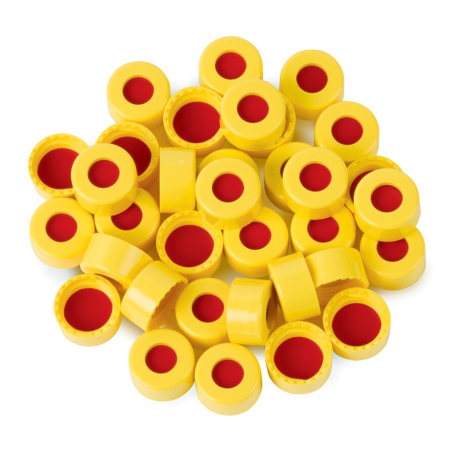 Short Screw Caps, Polypropylene, Screw-Thread, PTFE/Silicone/PTFE Septa, Yellow, Preassembled, 2.0 mL, 9 mm, 1000-pk.