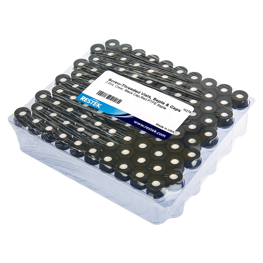 Screw-Thread Vial Kit, Red PTFE/Silicone Septa 0.065", Clear w/Black Cap, 2.0 mL, 8 mm, Preassembled, 1000-pk.