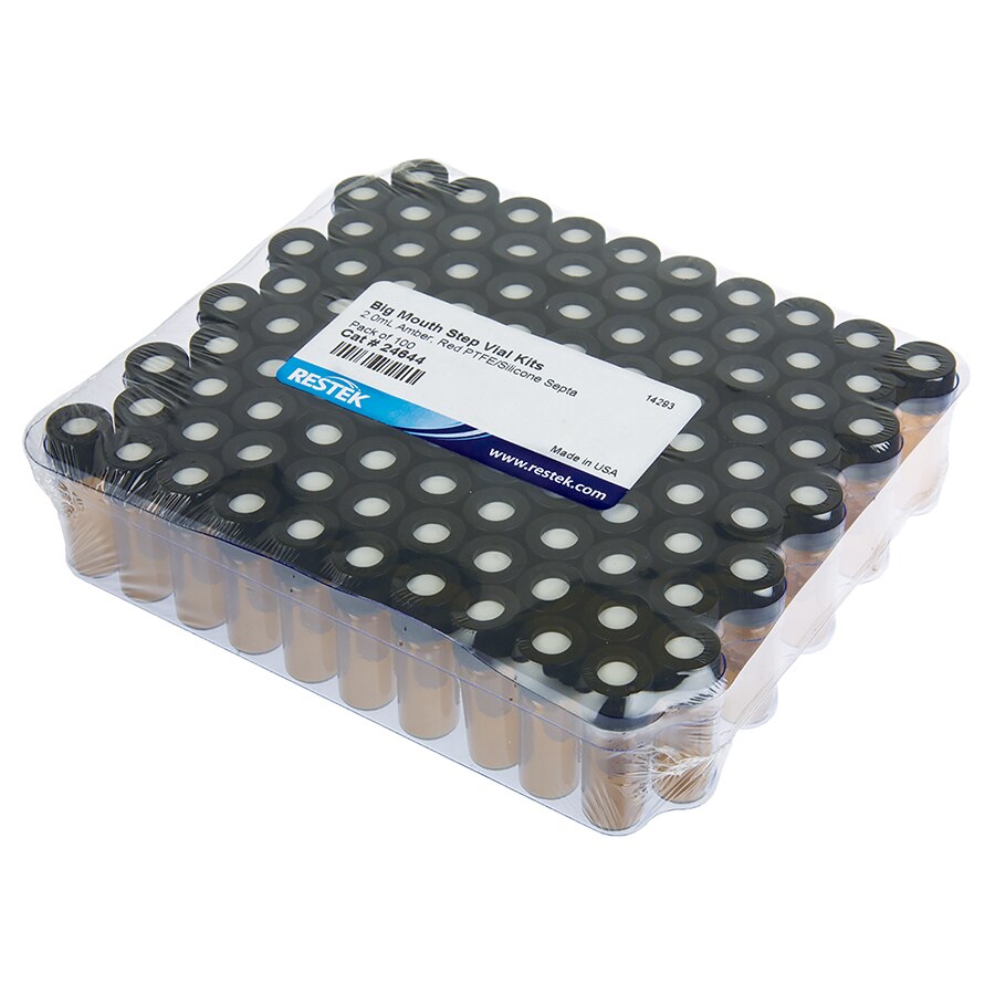 Big Mouth Step Vial Kit, Red PTFE/Silicone Septa 0.065", Amber w/Black Cap, 2.0 mL, Preassembled, 100-pk.