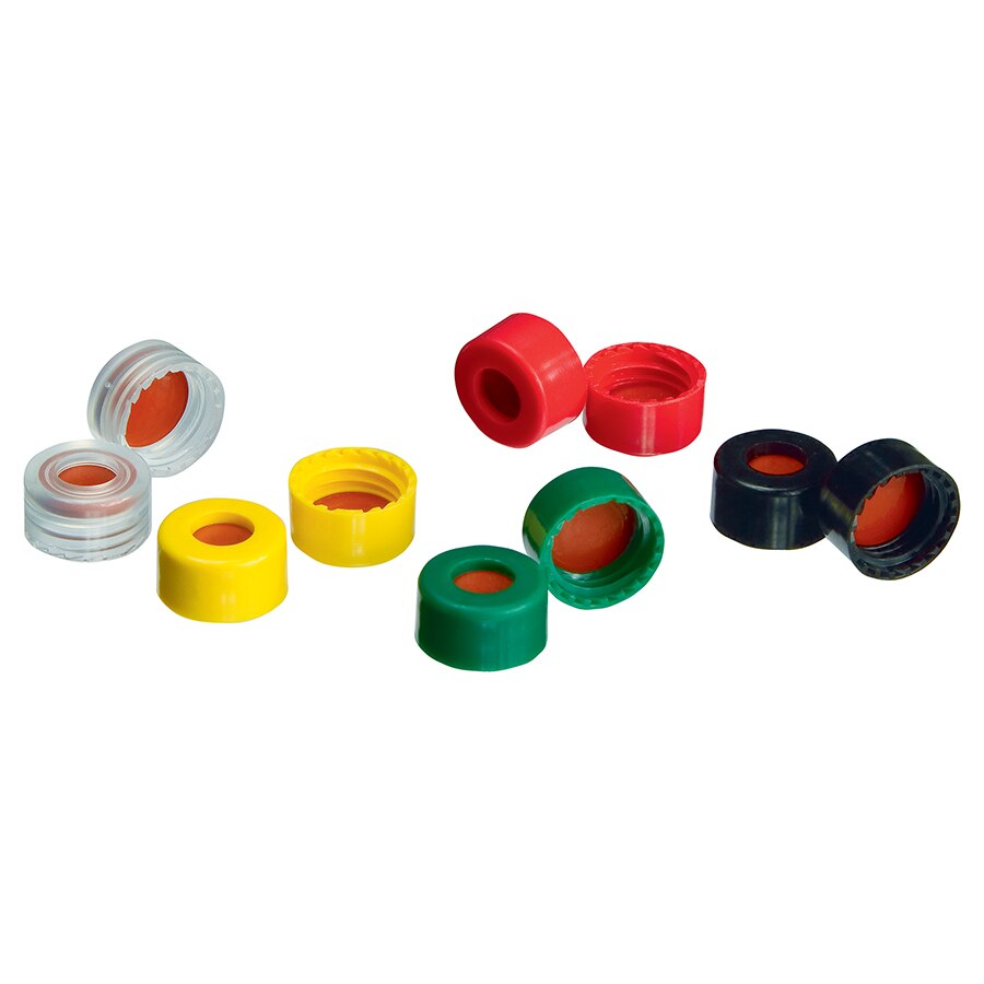 Short Screw Caps, Polypropylene, Screw-Thread, PTFE/Butyl Rubber Septa, Mixed, Preassembled, 2.0 mL, 9 mm, 500-pk.
