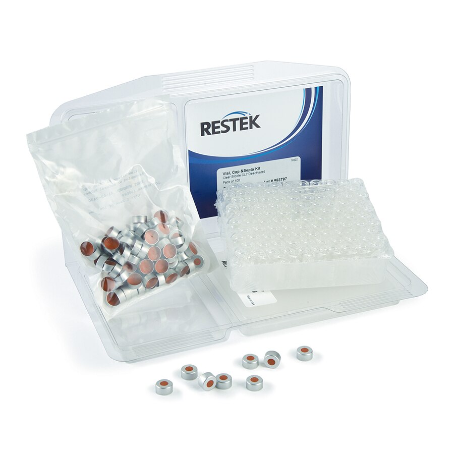 Crimp Vial Convenience Kit, PTFE/Natural Rubber Septa, SilCote Deactivated, Clear w/Silver Cap, 2.0 mL, 11 mm, 1000-pk.