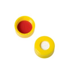 Short Screw Caps, Polypropylene, Screw-Thread, PTFE/Silicone w/Slit, Yellow, Preassembled, 2.0 mL, 9 mm, 100-pk.