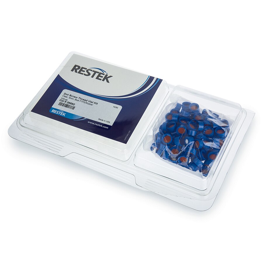 2.0 mL Screw-Thread Vial Convenience Kit, PTFE/Silicone Septa, Clear w/Graduated Marking Spot w/Blue Caps, 9 mm, 100-pk.
