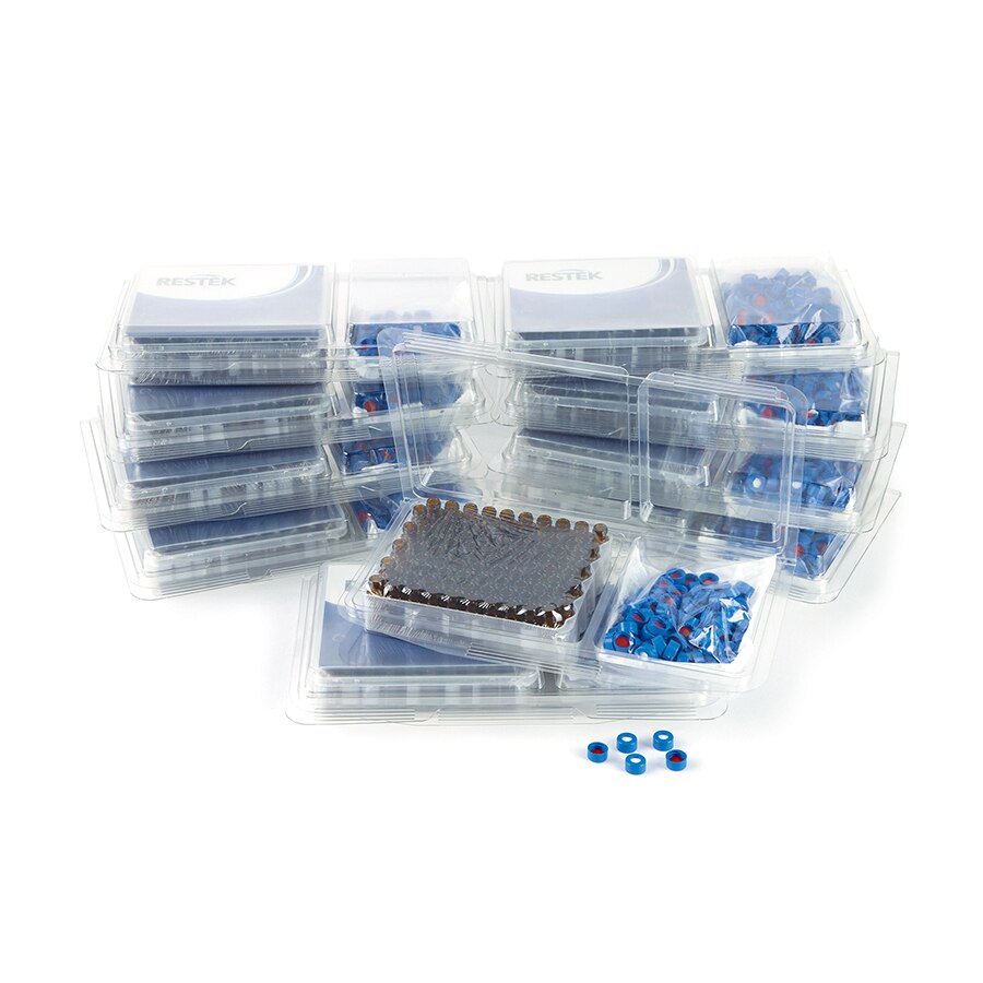 2.0 mL Screw-Thread Vial Convenience Kit, PTFE/Silicone Septa, Amber w/Graduated Marking Spot w/Blue Caps, 9 mm, 1000-pk.